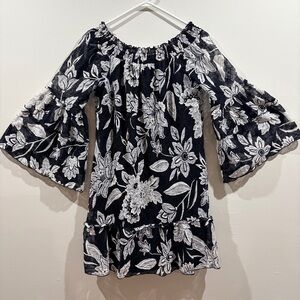 Boho Off Shoulder Bell Sleeve Mini Dress Black White Floral Westport Size M